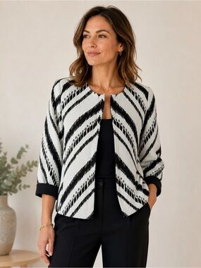 Chico's Black & White Striped Open-Front Cardigan